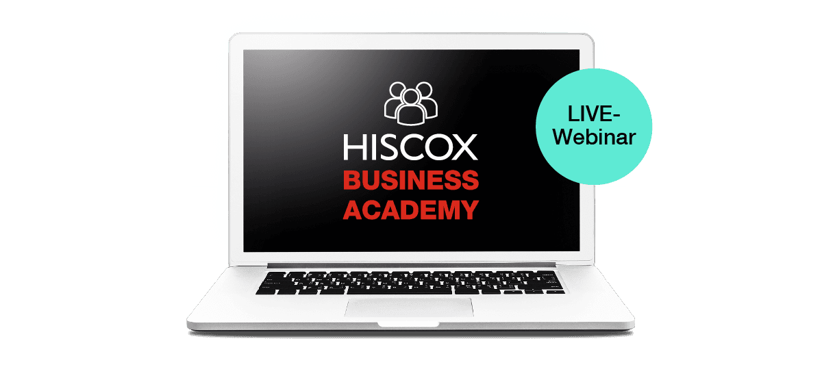 Das Logo der Hiscox Business Academy sichtbar auf einem Laptop