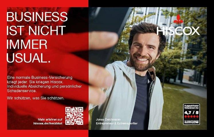 Eine Werbung für Hiscox, eine Unternehmensversicherung. Eine Person hält ein Telefon, daneben steht der Text "BUSINESS IST NICHT IMMER USUAL."