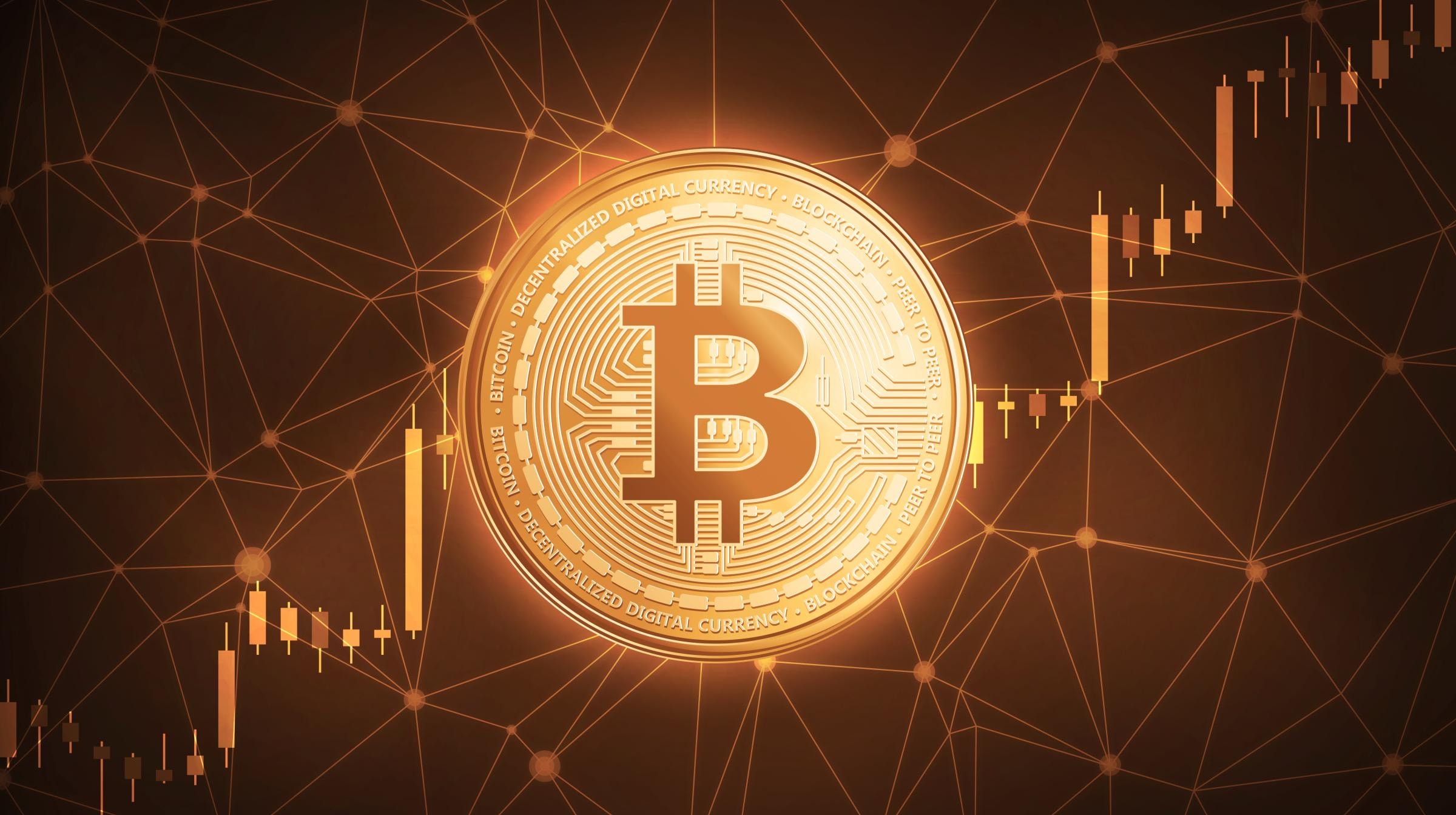 Ein leuchtendes Bitcoin-Symbol in der Mitte, umgeben von einem Netzwerk miteinander verbundener Knoten, das die Blockchain-Technologie darstellt.