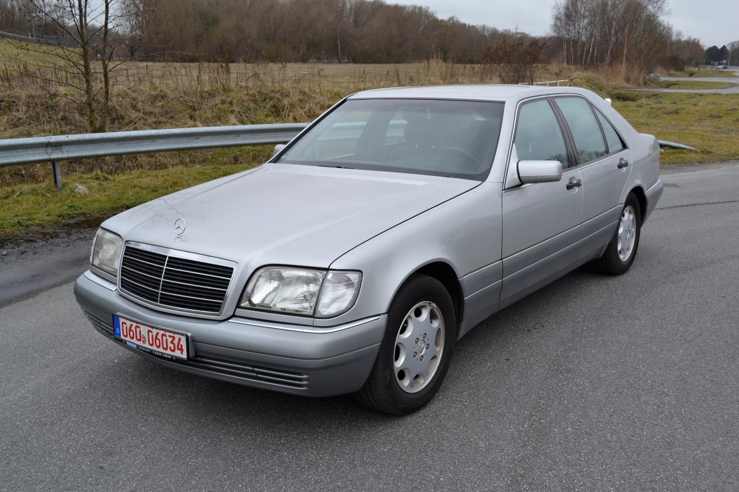 Ganze Ansicht des grauen Mercedes w140 s320 parkend an einem Straßenrand vor einem Feld.