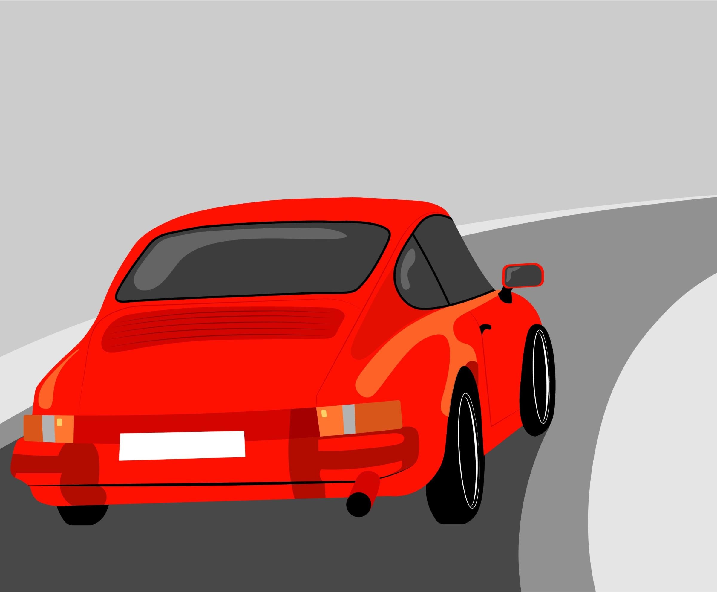 Illustration eines roten Sportwagens, der auf einer kurvigen Straße nach rechts fährt – sichtbar sind Rücklichter, Stoßstange und Auspuff; die Straße ist grau mit weißen Rändern.