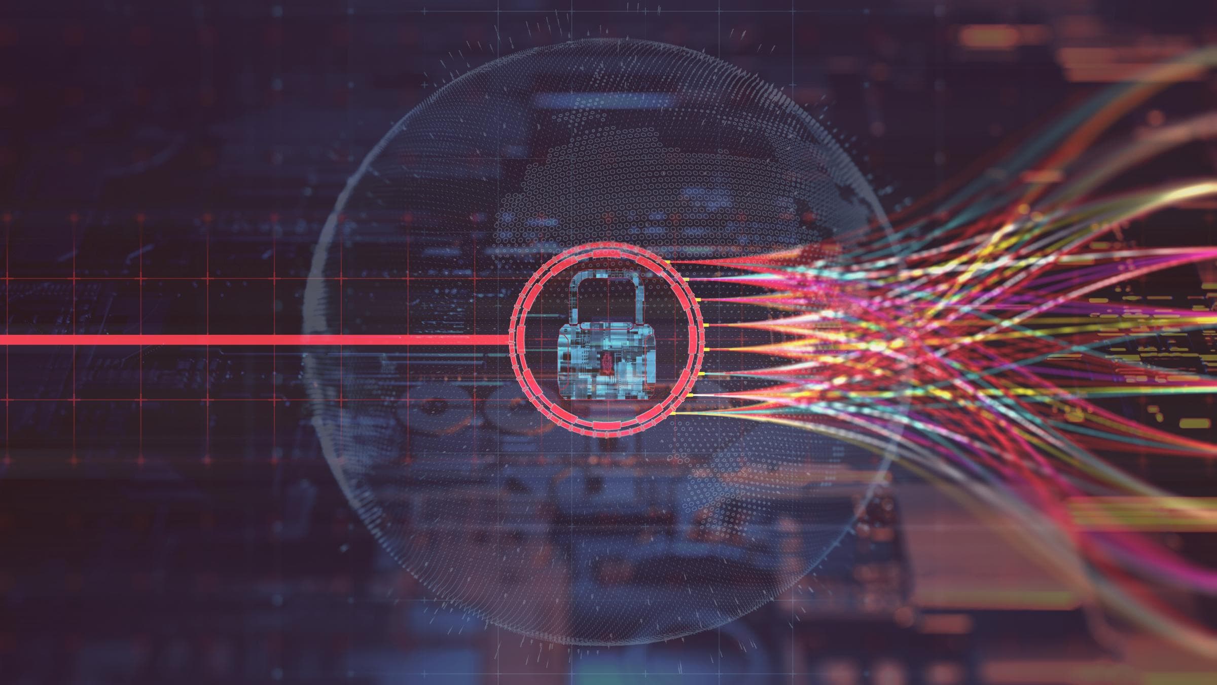 Digitale Darstellung eines Vorhängeschlosses mit bunten Datenlinien und cybernetischem Hintergrund – Symbol für Datensicherheit.