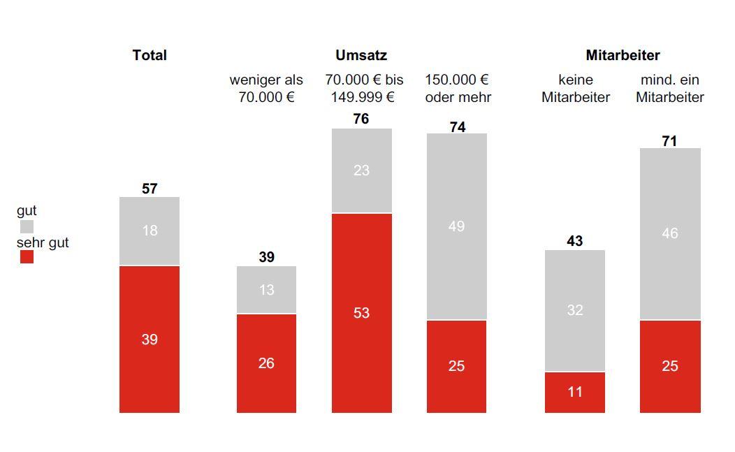 Balkendiagramm mit Bewertungen ‚gut‘ und ‚sehr gut‘ in den Kategorien Gesamt, Umsatz und Mitarbeiteranzahl; farblich unterteilt in Grau und Rot.