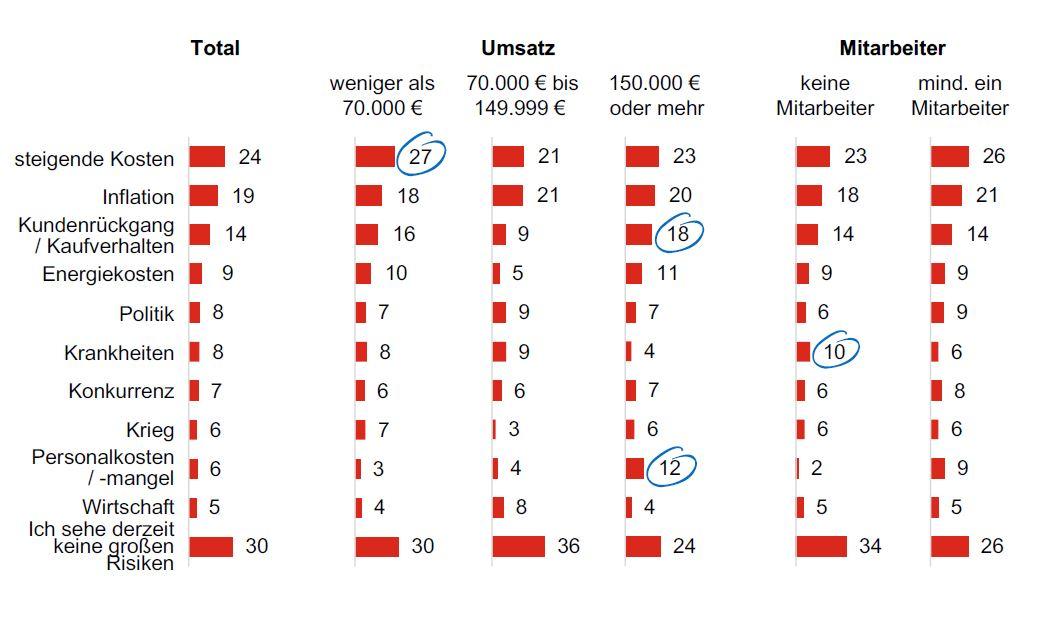 Tabelle mit roten Balken zu Risikofaktoren wie steigende Kosten, Inflation und Kundenrückgang, unterteilt nach Umsatz- und Mitarbeiterkategorien; einige Zahlen blau eingekreist.