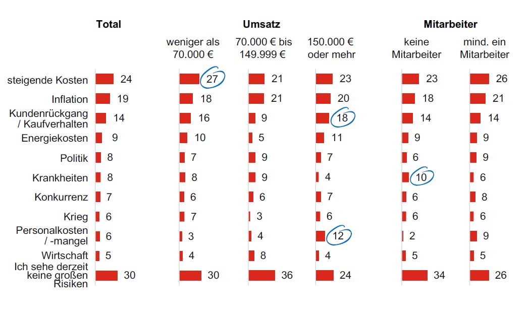 Tabelle mit roten Balken zu Risikofaktoren wie steigende Kosten, Inflation und Kundenrückgang, unterteilt nach Umsatz- und Mitarbeiterkategorien; einige Zahlen blau eingekreist.