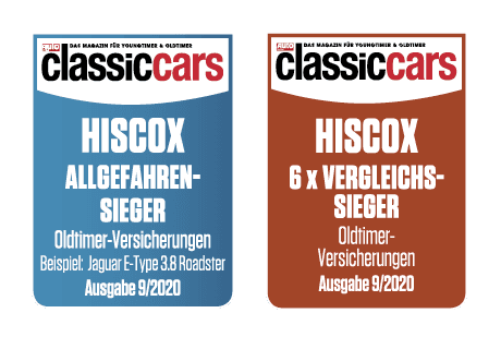 Zwei nebeneinanderliegende Titelseiten des Magazins „classic cars“: links in Blau mit dem Titel „ALLGEFAHREN-SIEGER“ und einem Jaguar E-Type 3.8 Roadster als Beispiel; rechts in Braun mit dem Titel „6 x VERGLEICHS-SIEGER“ – beide bewerben Oldtimer-Versicherungen von Hiscox, Ausgabe 9/2020.