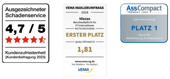 Die drei Top-Siegel von Hiscox für die Cyber-Versicherung, IT-Unternehmen-Versicherung und dem Schadenservice 2025.