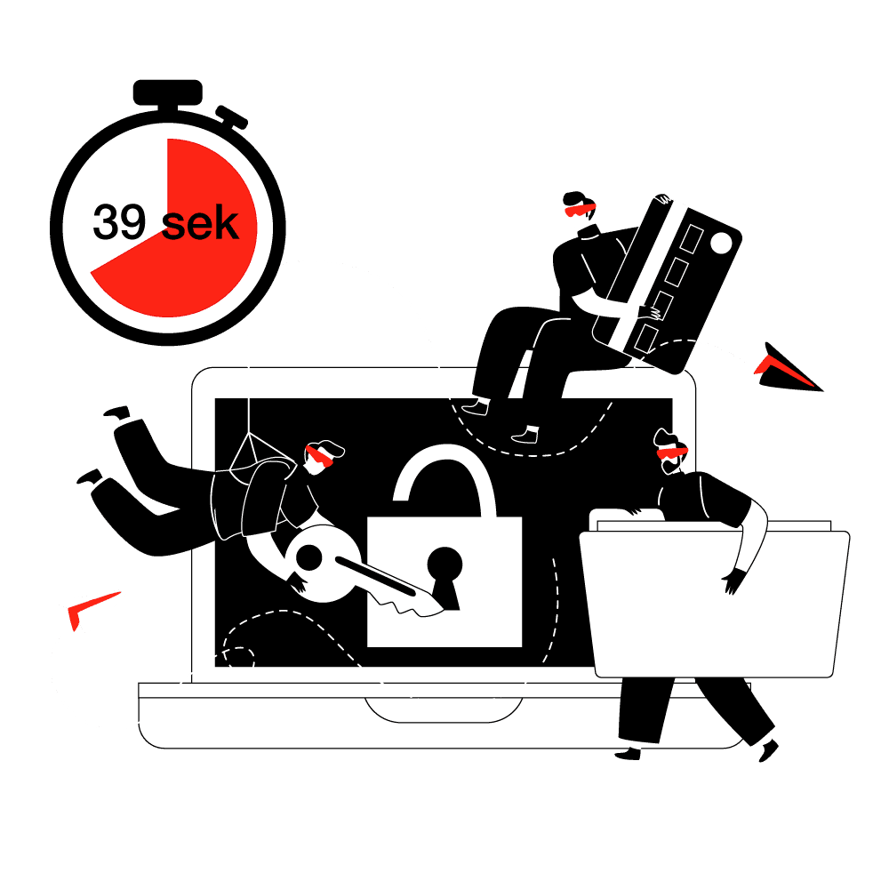 Eine Illustration zeigt drei stilisierte Figuren, die um einen Laptop herum agieren. Auf dem Bildschirm des Laptops ist ein großes Vorhängeschloss zu sehen. Eine Figur hält einen großen Schlüssel, eine andere trägt eine große Datei und die dritte hält ein großes Stück Hardware. Oben links in der Ecke befindet sich ein Stoppuhr-Symbol mit der Anzeige "39 sek"