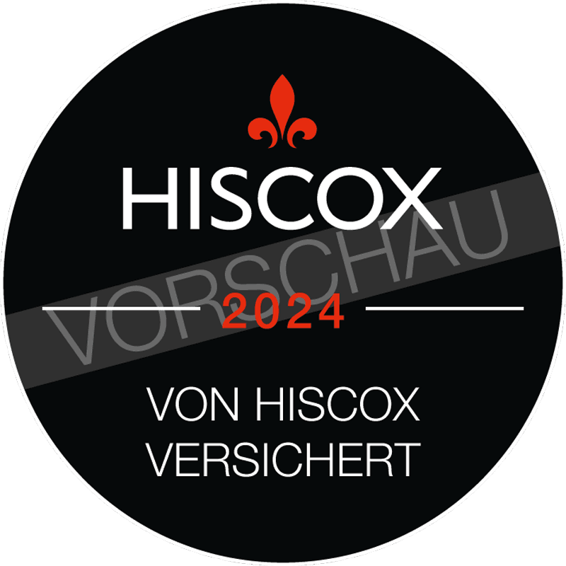 Schwarzer Kreis mit rotem Fleur-de-Lis-Symbol, Text ‚HISCOX‘ und ‚VON HISCOX VERSICHERT‘; grauer Balken mit dem Wort ‚VORSCHAU‘ darüber.