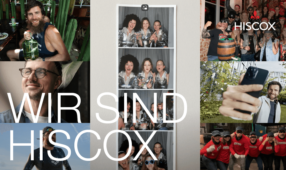 Eine Collage von Fotos, die verschiedene Menschen in unterschiedlichen Situationen zeigt. In der Mitte steht in großen weißen Buchstaben 'WIR SIND HISCOX'. Oben rechts ist das Logo von Hiscox zu sehen