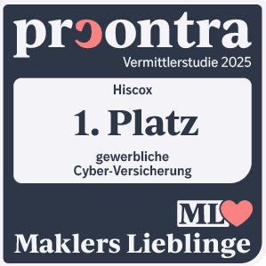 Auszeichnungssiegel mit der Aufschrift: "procontra Vermittlerstudie 2025 – Hiscox – 1. Platz – gewerbliche Cyber-Versicherung – Maklers Lieblinge"