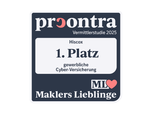 Auszeichnungssiegel mit der Aufschrift: "procontra Vermittlerstudie 2025 – Hiscox – 1. Platz – gewerbliche Cyber-Versicherung – Maklers Lieblinge"