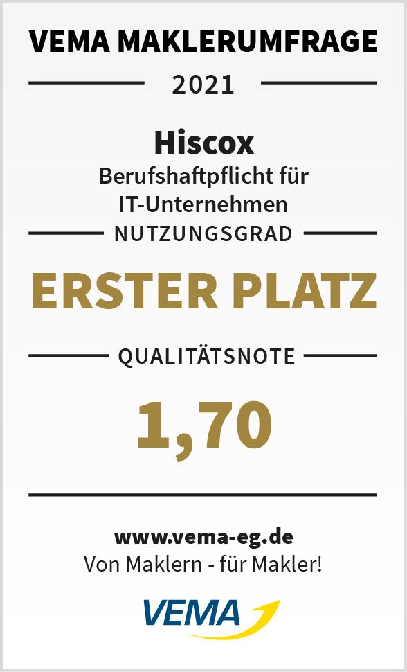 Zertifikat oder Auszeichnung der VEMA Maklerumfrage 2021: Hiscox erhält den Ersten Platz für Berufshaftpflicht für IT-Unternehmen mit einem Nutzungsgrad und einer Qualitätsnote von 1,70.