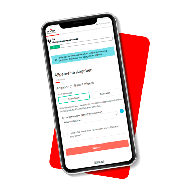Digitaler Versicherungsabschluss: Smartphone, das den Versicherungsabschluss bei Hiscox zeigt