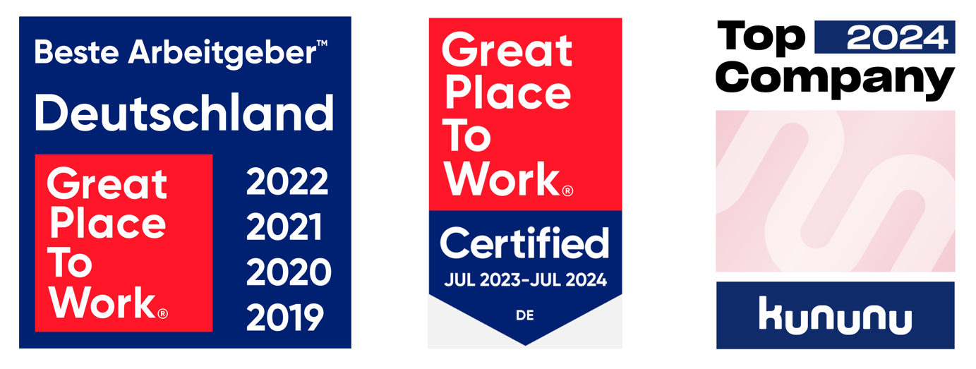 3 Auszeichnungen: Beste Arbeitgeber Deutschland, Great Place To Work und Top Company.
